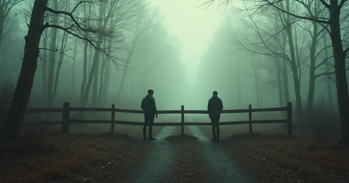 Camino bloqueado por una cerca de madera en un bosque con niebla, personas dudando ante avanzar 
