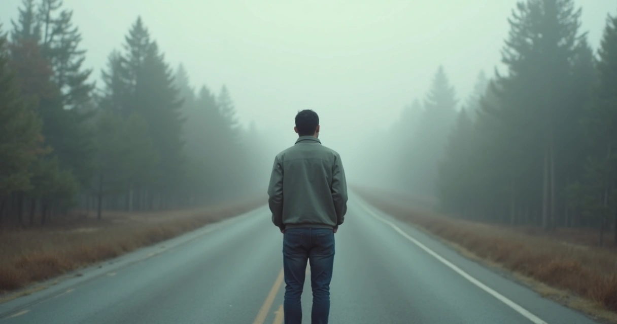 Persona al fondo de un camino borroso tomando una decisión