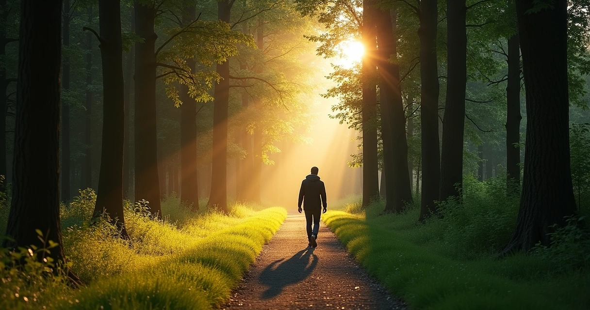 Camino rodeado de árboles con luz suave al amanecer