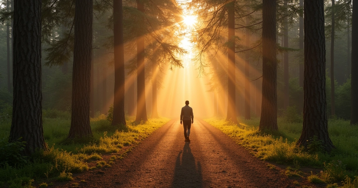 Camino de bosque con una persona avanzando al amanecer 