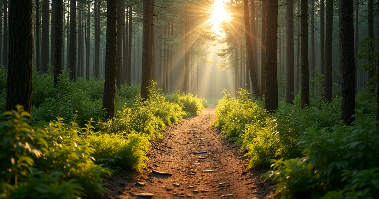 Sendero de bosque iluminado con pasos marcados hacia adelante 