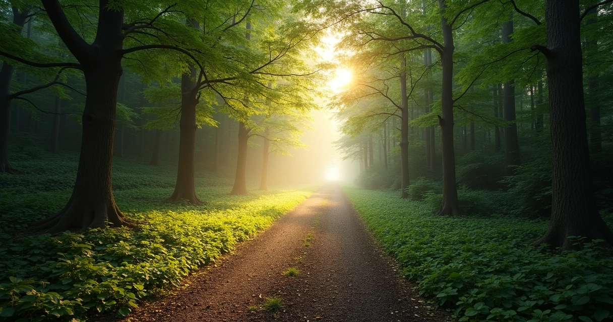 Camino en un bosque dividido en dos senderos con luz al fondo 