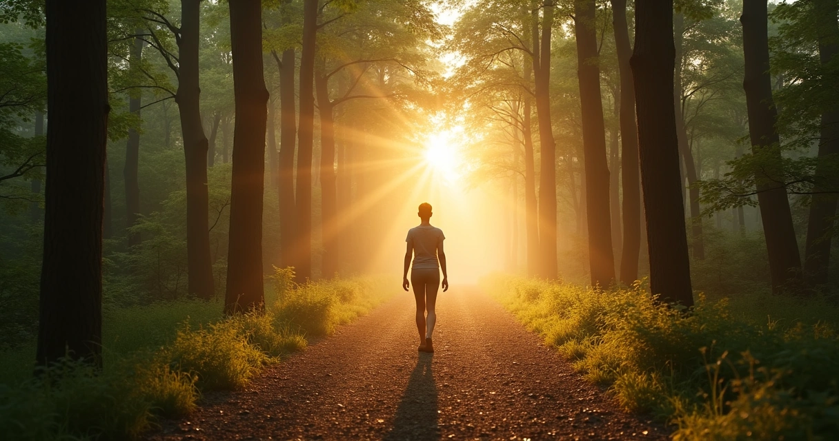 Persona caminando por sendero de bosque con luz suave al amanecer
