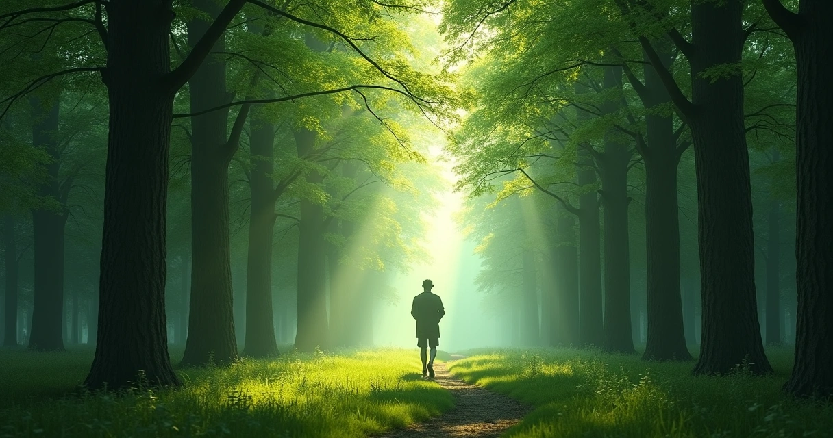 Persona caminando en bosque hacia un punto de luz al fondo