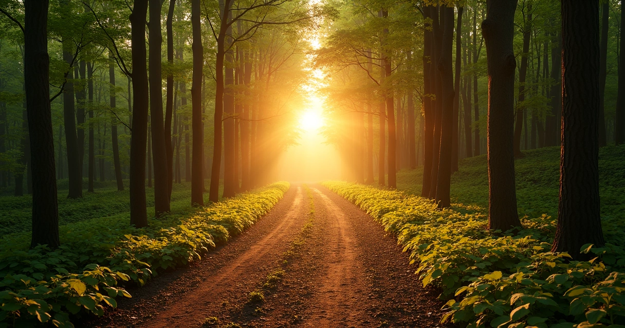Camino de tierra en un bosque con luz cálida de amanecer 