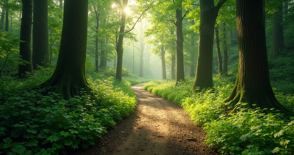 Sendero en un bosque frondoso con luz suave filtrándose entre los árboles