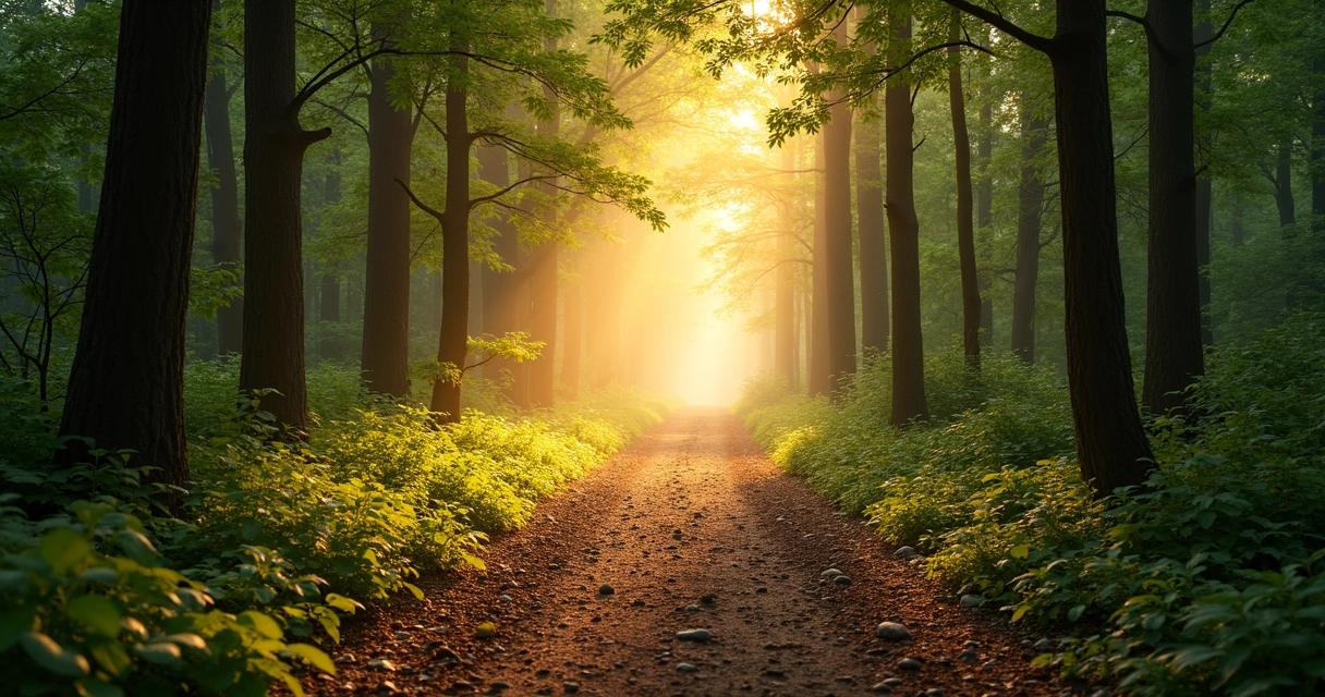 Sendero de bosque con luz al fondo 