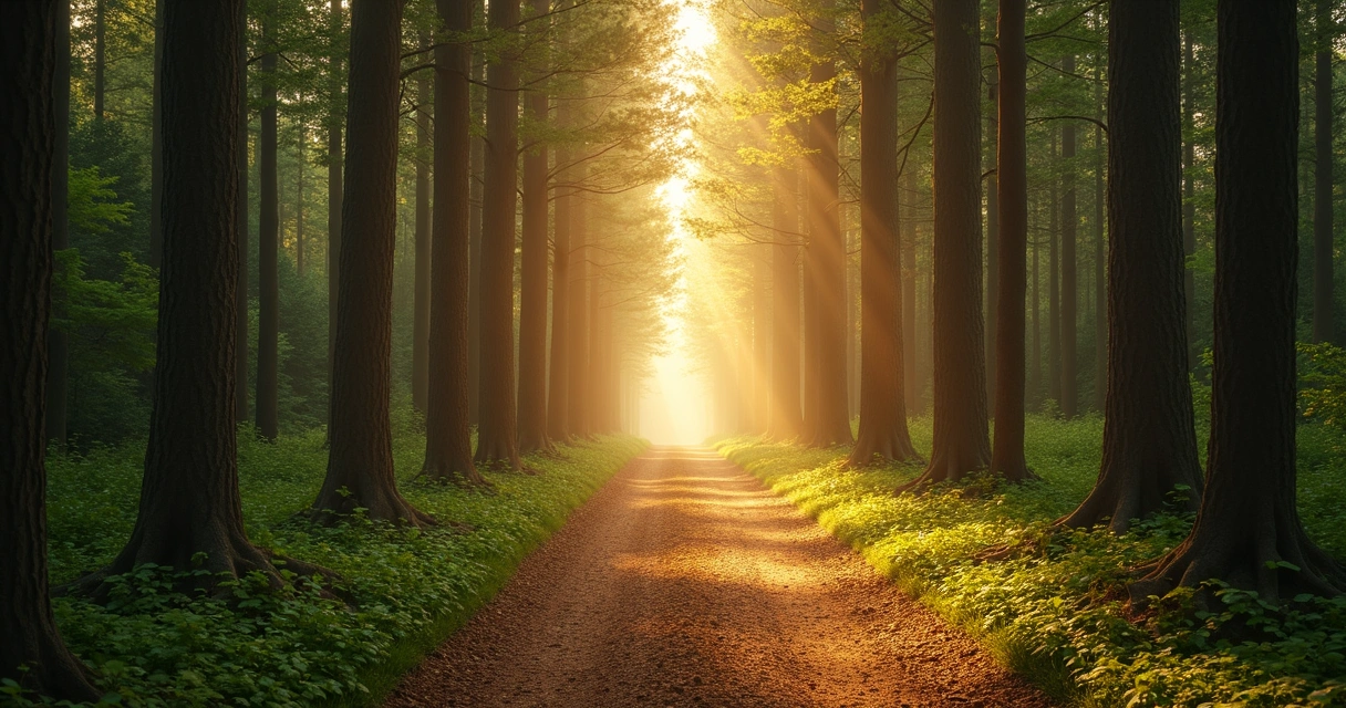 Sendero en el bosque iluminado por la luz al fondo
