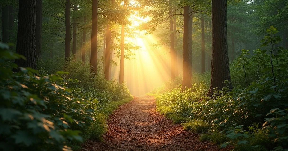 Camino de bosque iluminado al fondo por luz suave 