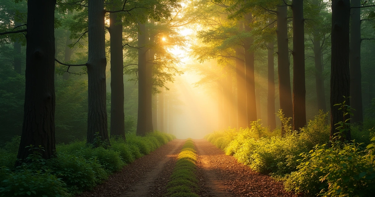 Sendero de bosque iluminado por luz suave entre árboles