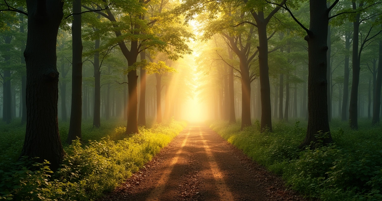 Sendero de bosque iluminado al amanecer