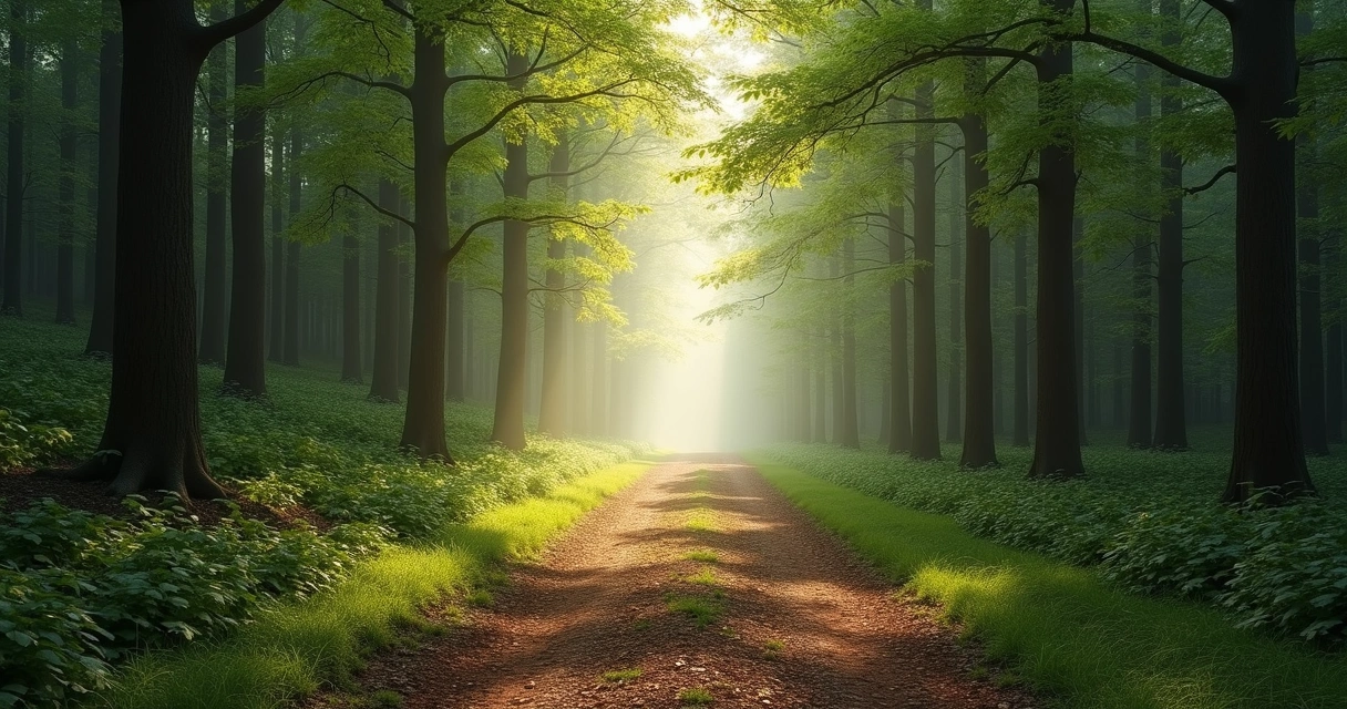 Camino de bosque iluminado al fondo entre árboles