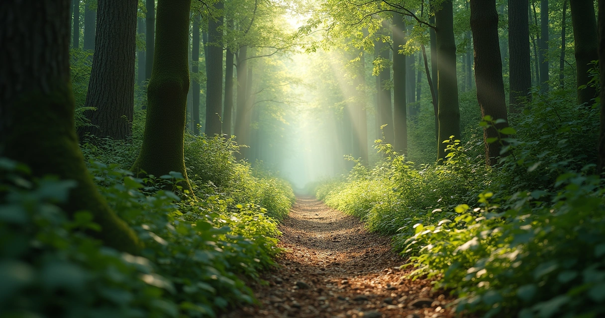 Camino en bosque con luz al fondo entre árboles