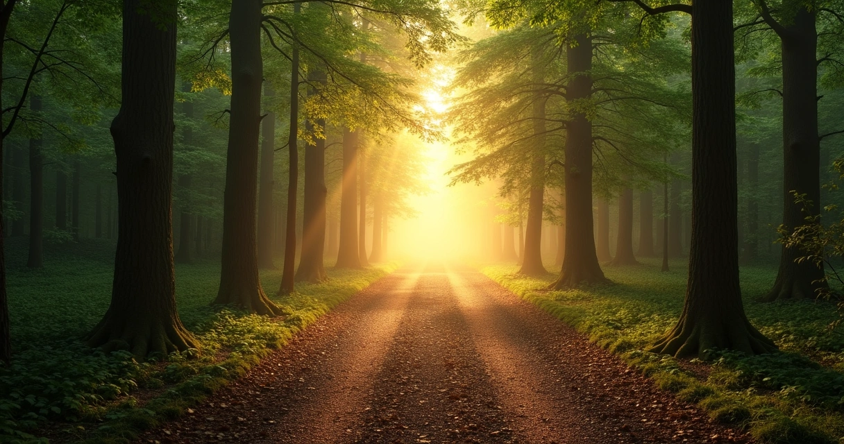 Camino entre árboles con luz suave al fondo 