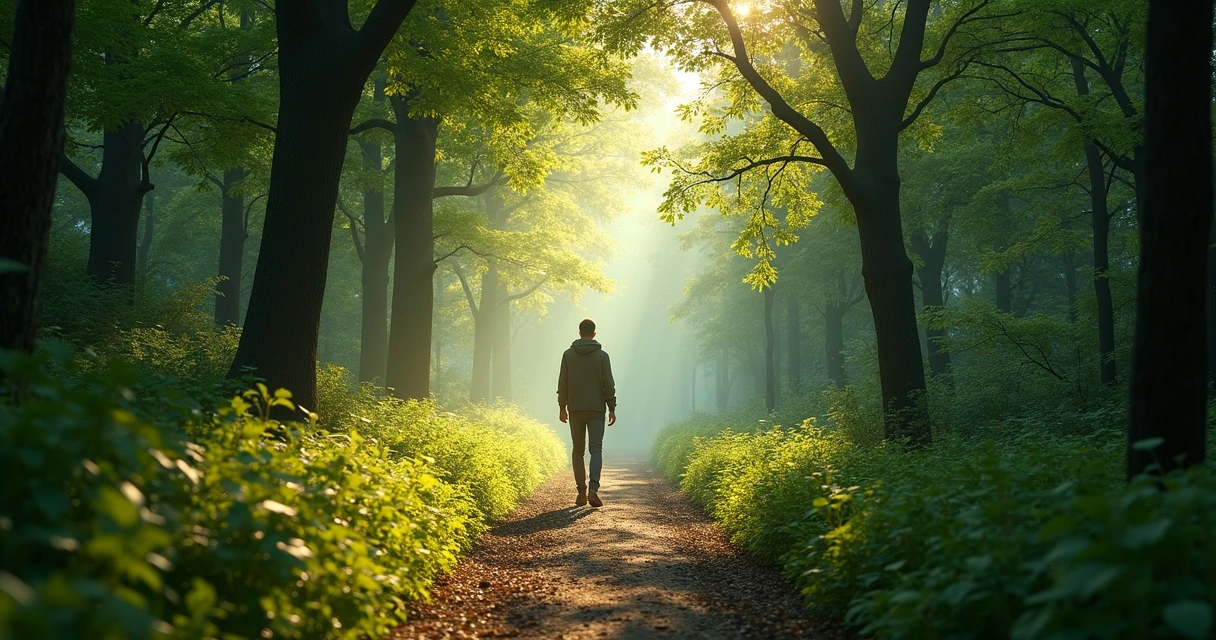 Persona caminando por sendero en bosque con luz natural 