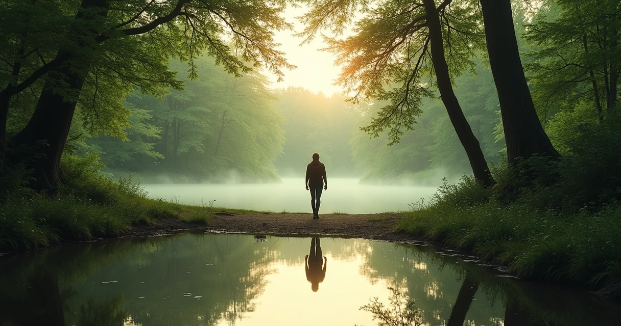 Persona caminando sola en un bosque y su reflejo en un lago cercano 