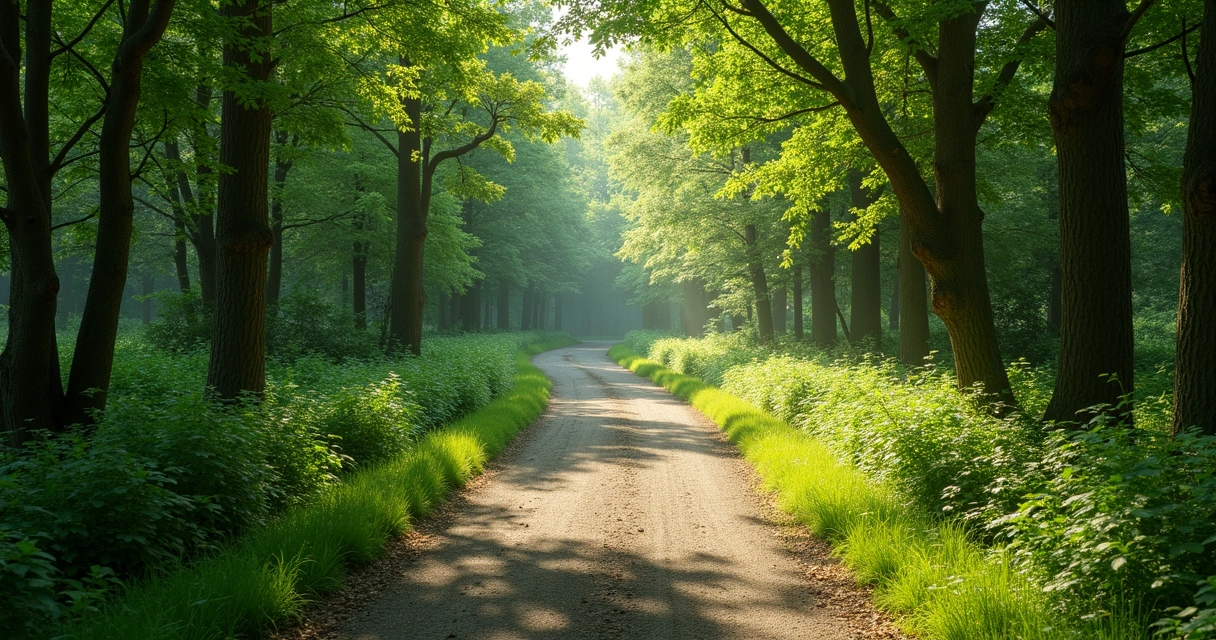 Sendero tranquilo en el bosque con luz suave, invitando a la reflexión 