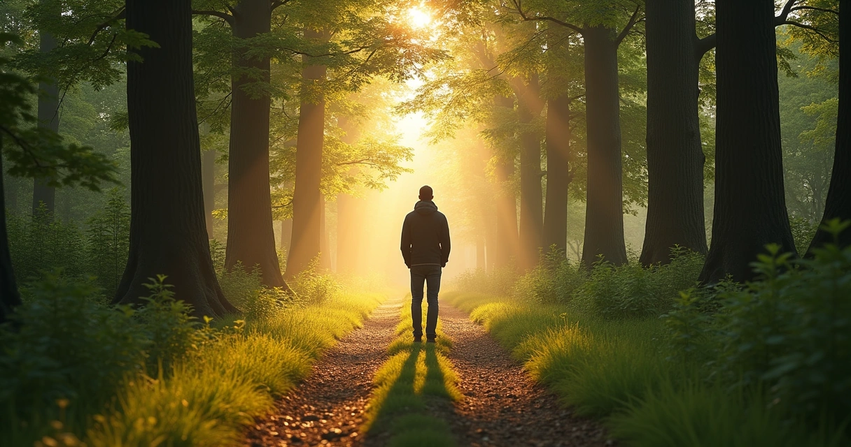 Camino de bosque con una persona detenida en reflexión