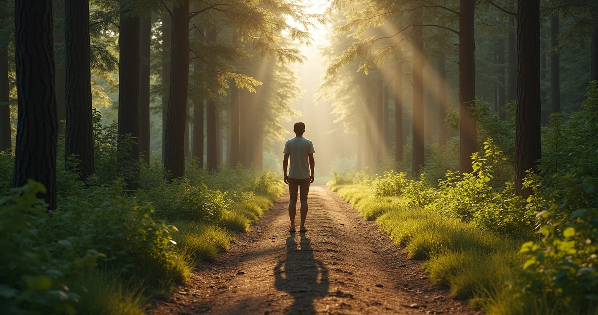 Camino de bosque con una persona detenida observando el entorno