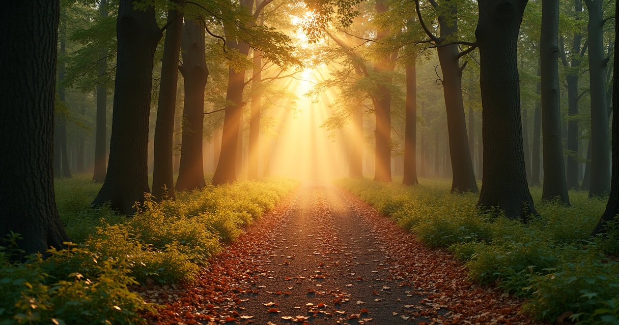 Sendero de bosque iluminado al amanecer