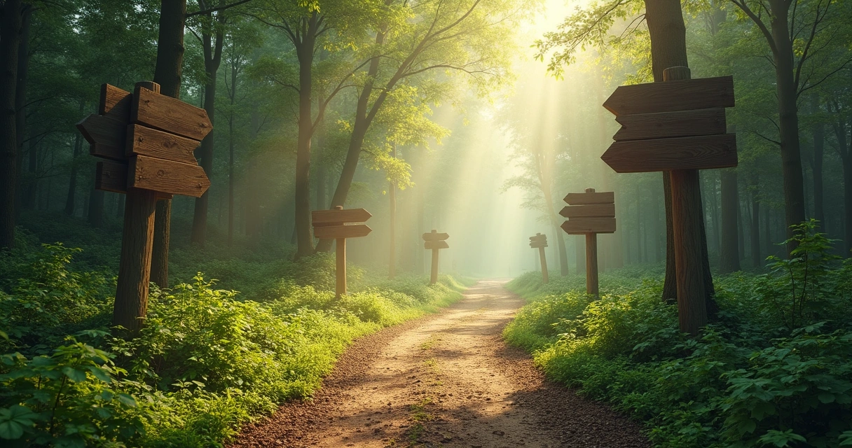 Sendero en un bosque con señales y una luz guiando hacia una salida 