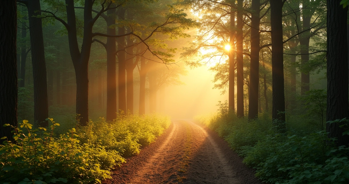 Camino de bosque iluminado por luz suave entre árboles