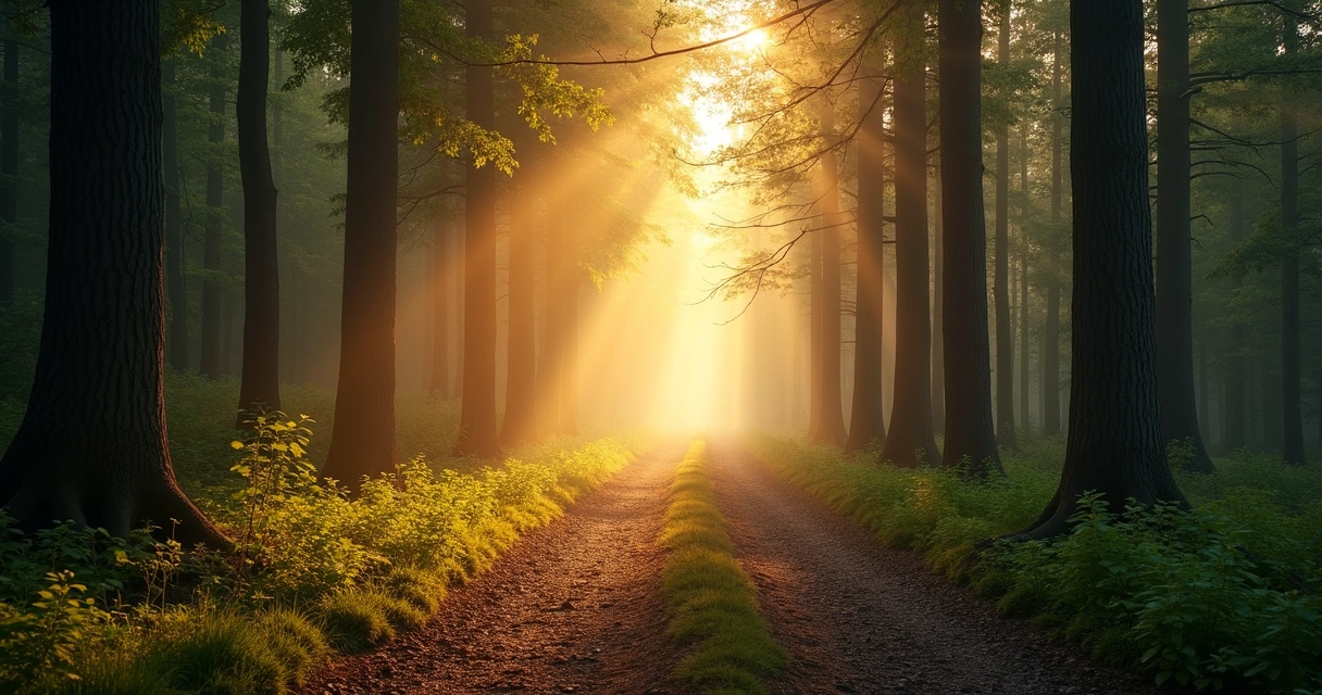 Sendero de bosque con luz suave al fondo 