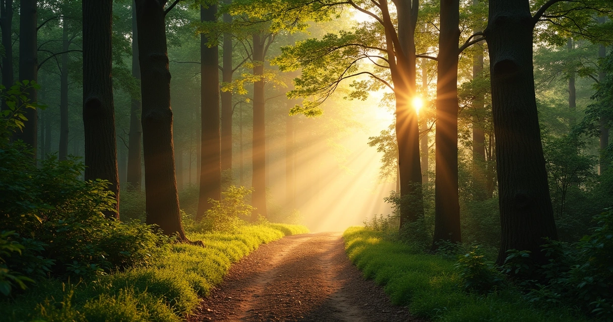 Camino de bosque iluminado por luz suave entre árboles 