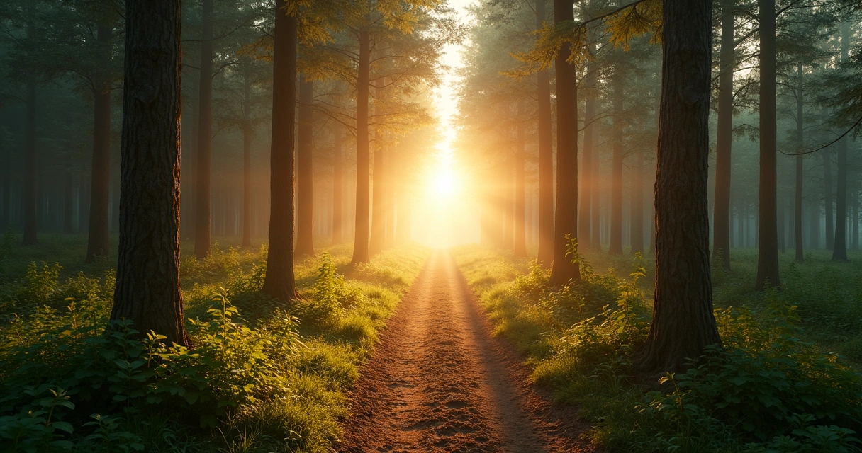 Camino de bosque iluminado con pasos marcados sobre la tierra