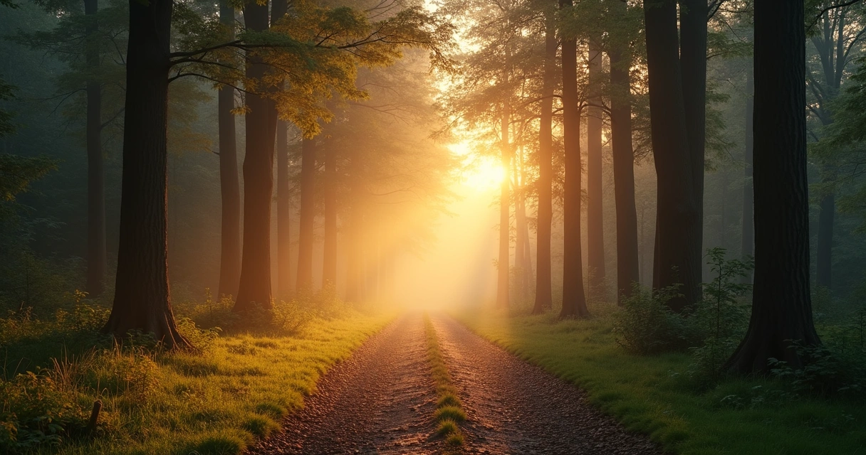 Camino de bosque iluminado al amanecer entre árboles altos