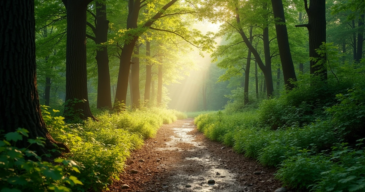 Camino de bosque con luz suave al fondo y atmósfera serena 