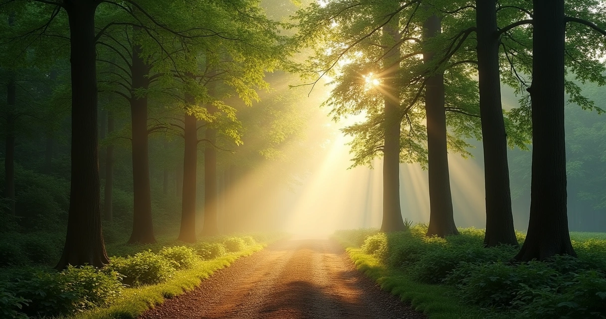 Camino de bosque con luz suave entre árboles altos 