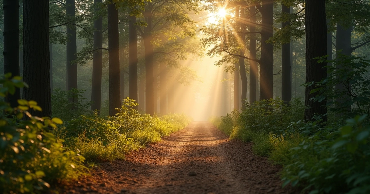 Camino de bosque con luz al fondo y pasos marcados