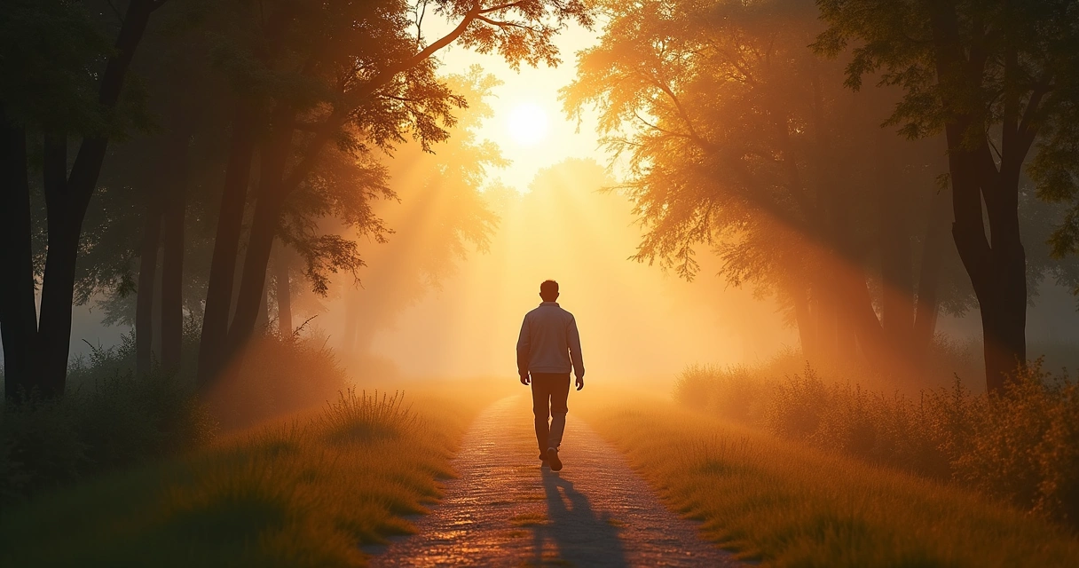 Persona caminando por sendero entre luz y sombra al amanecer