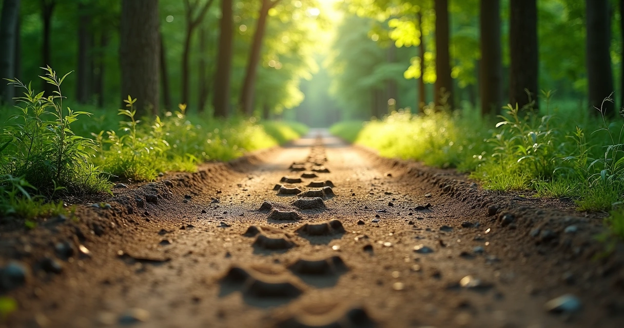 Sendero con huellas y bifurcación en el bosque