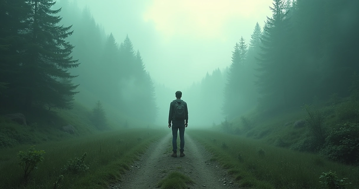 Persona en un sendero de montaña ante una bifurcación 