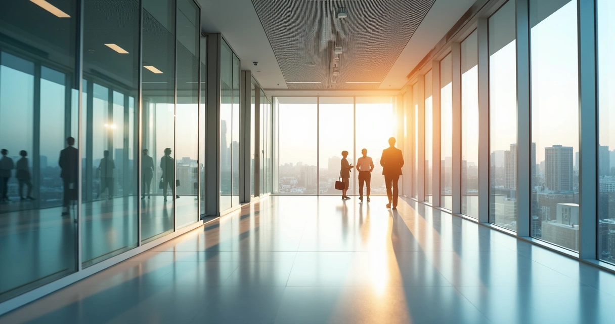 Pasillo iluminado en una oficina que transmite sensación de apertura y transparencia. 