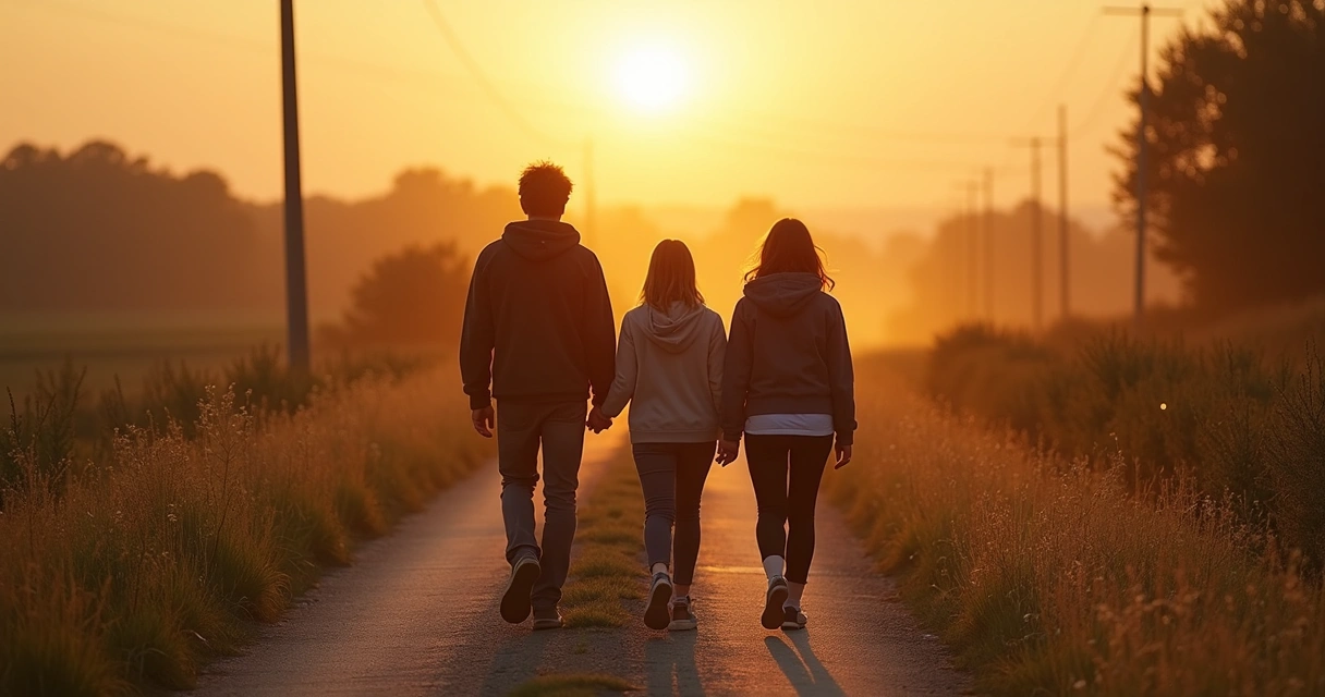 Tres personas caminando por un sendero amplio al amanecer 