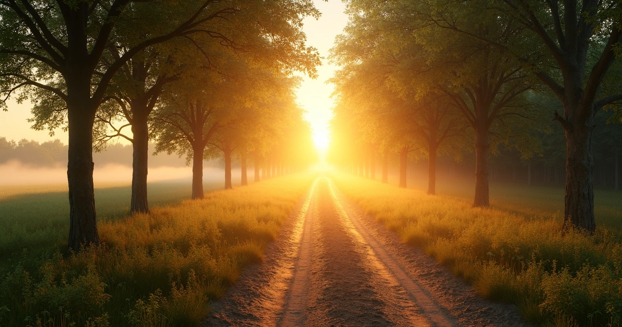 Camino rural con dos rutas al amanecer entre árboles