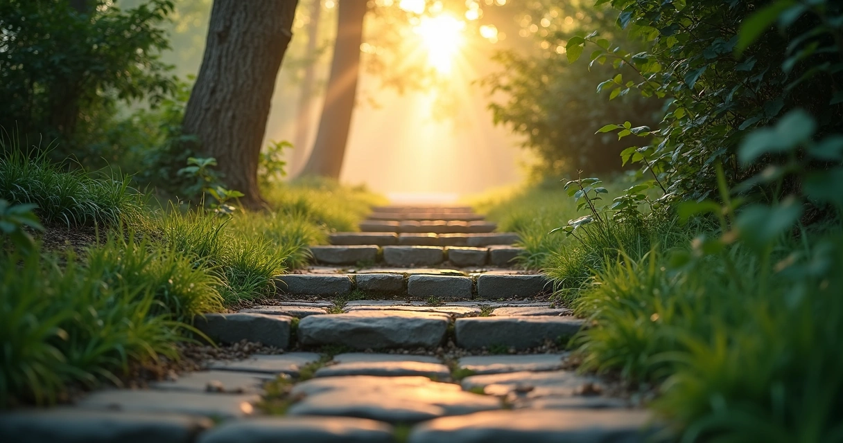 Camino de piedra con pequeños escalones entre árboles al amanecer 