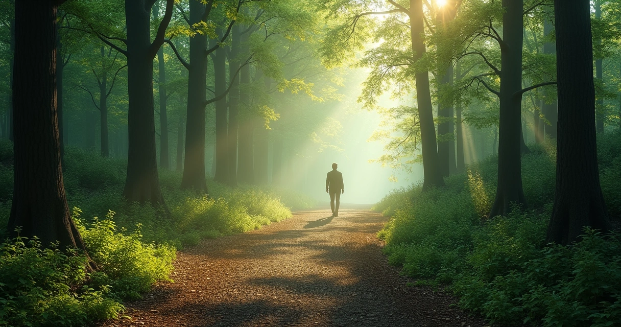 Sendero rodeado de árboles que representa el viaje interior y las etapas del desarrollo personal