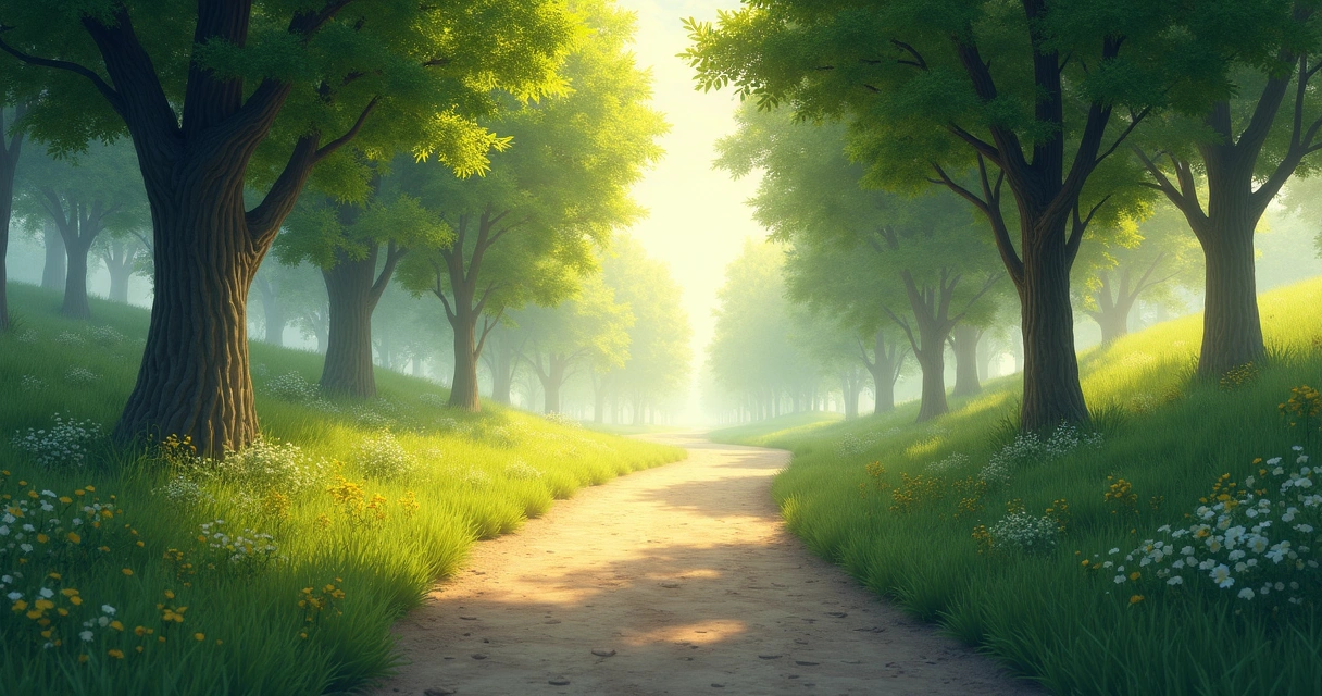 Camino con naturaleza a ambos lados y luz al fondo 