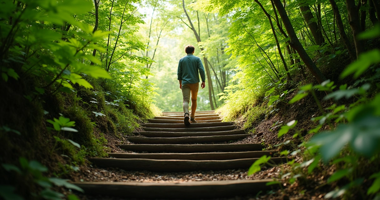 Escalones de madera en un bosque, luz natural