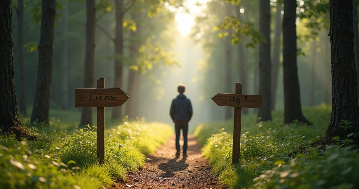 Camino dividido en un bosque con señales de dirección