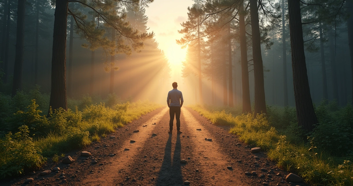 Persona en un cruce de caminos eligiendo con conciencia entre error y experiencia 