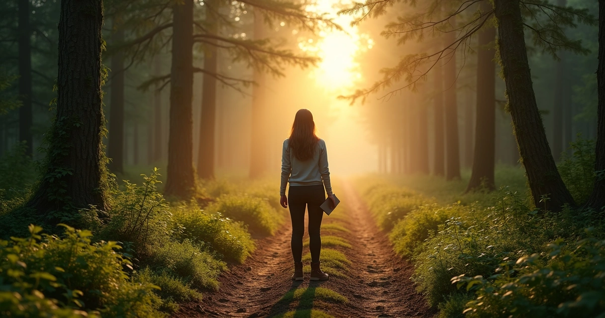 Persona ante dos caminos en un bosque al amanecer 