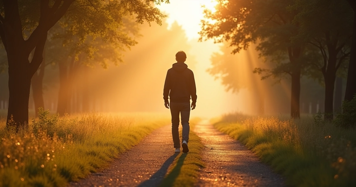 Persona caminando por un sendero con dos direcciones al amanecer 