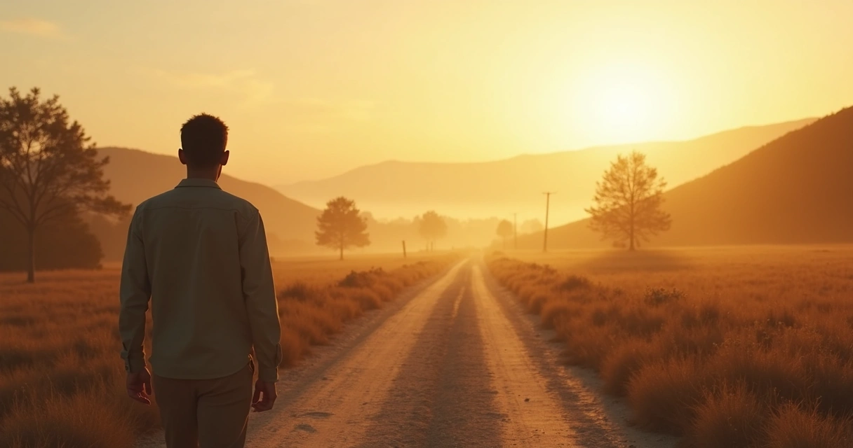 Persona caminando por sendero al amanecer entre dos direcciones