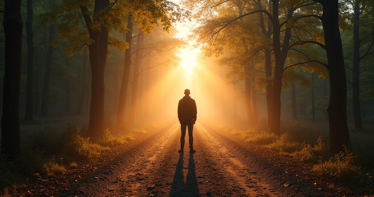 Persona frente a dos caminos en un bosque al amanecer 