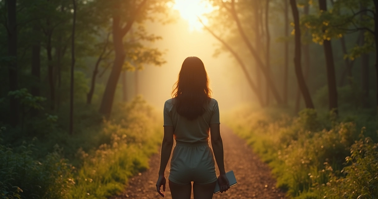 Persona frente a dos caminos en un bosque al amanecer